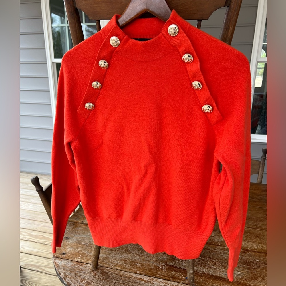 Ann Taylor Mock Neck Orange Sweater Decorative Gold Buttons Long Sleeves Small
